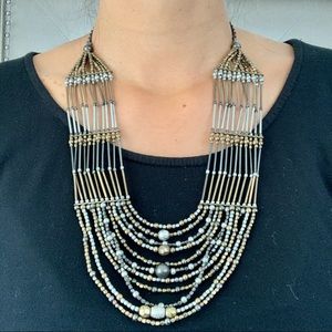 Metallic Beaded Bib Statement Necklace